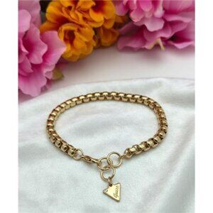 Guess Gold Tone Ball Bead Bracelet, Logo Charm Dangle, Chain Link 7-7.75 in adj.